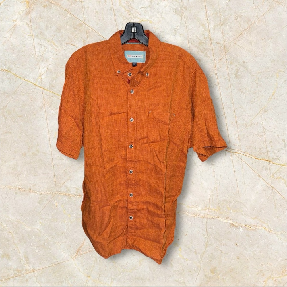 32 Bar Blues Mens Shirt L Linen Blend Apricot Breathable Short Sleeve